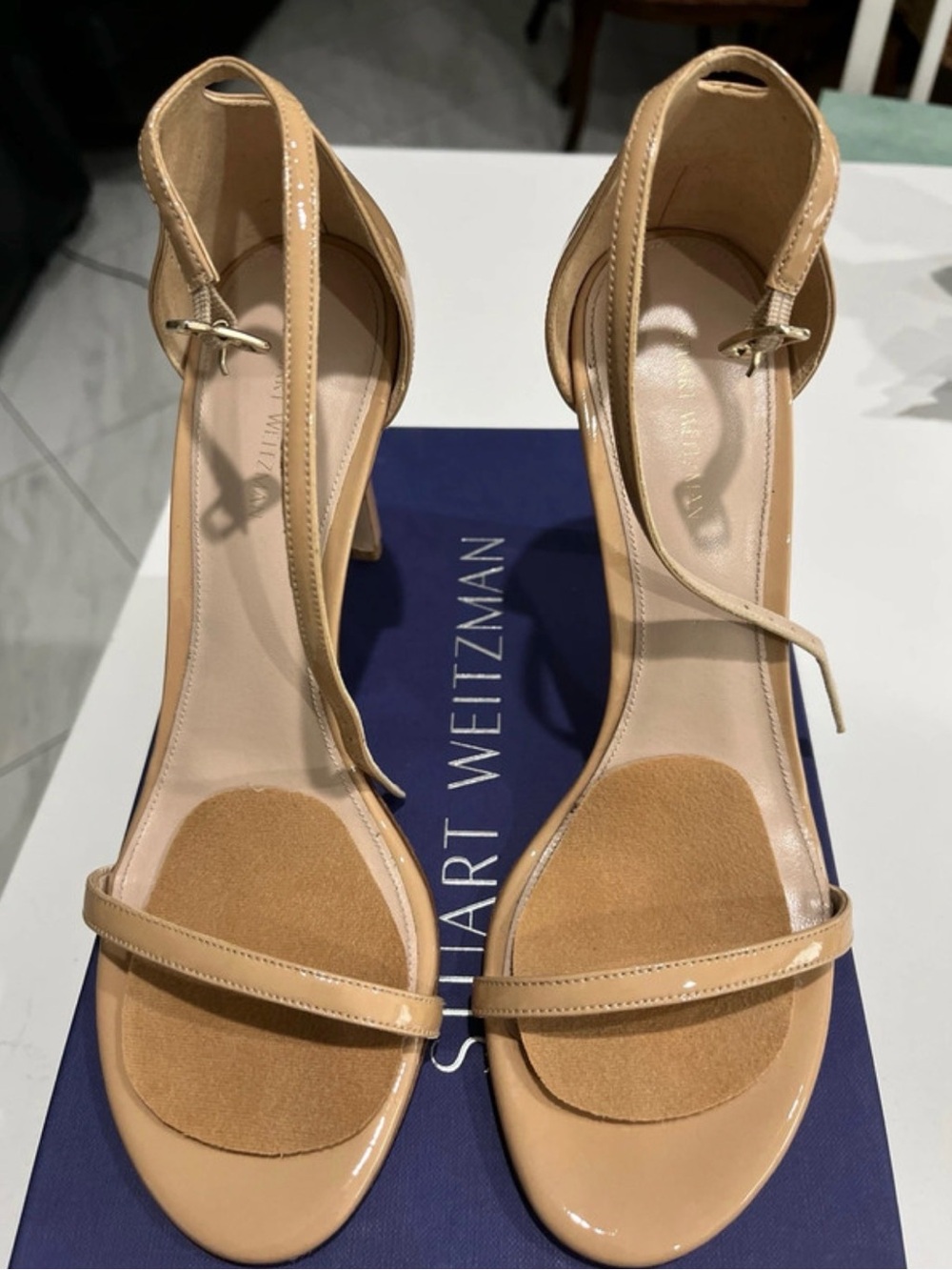 Stuart Weitzman Nude Patent Leather Ankle-Strap Heels